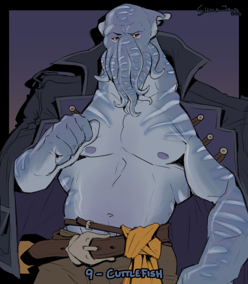 2023 anthro barazoku belt biceps blue_body bottomwear cephalopod clothed clothing coleoid cuttlefish decapodiform digital_media_(artwork) hi_res jacket male marine mollusk muscular muscular_anthro muscular_male navel nipples non-mammal_nipples pants pecs solo timdoodles topwear werecuttlefish