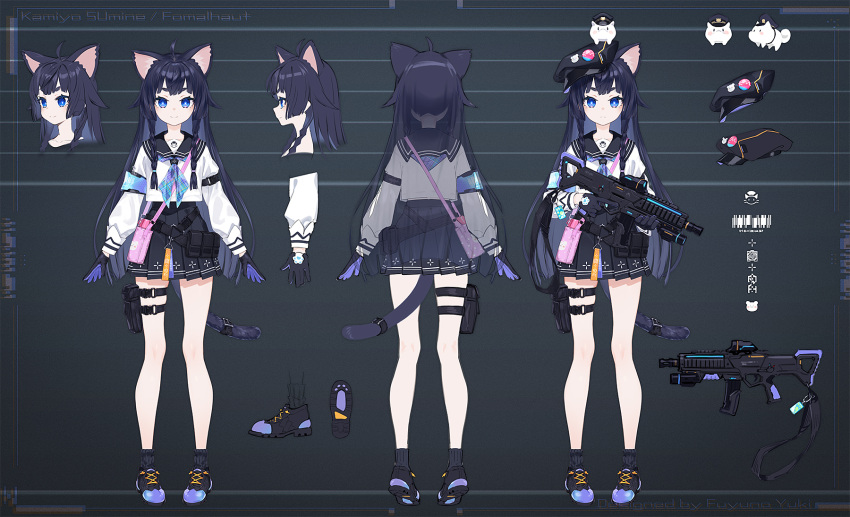 &gt;:) 1girl animal_ears black_background black_footwear black_gloves black_hair black_headwear black_sailor_collar black_skirt black_socks blue_eyes braid cabbie_hat cat_ears cat_girl cat_tail closed_mouth commentary_request copyright_request fuyuno_yuuki gloves gun hair_over_shoulder hat highres holding holding_gun holding_weapon long_hair long_sleeves multiple_views pleated_skirt puffy_long_sleeves puffy_sleeves purple_gloves sailor_collar school_uniform serafuku shirt shoe_soles short_eyebrows skirt smile socks tail thick_eyebrows tilted_headwear twin_braids v-shaped_eyebrows very_long_hair virtual_youtuber weapon weapon_request white_shirt