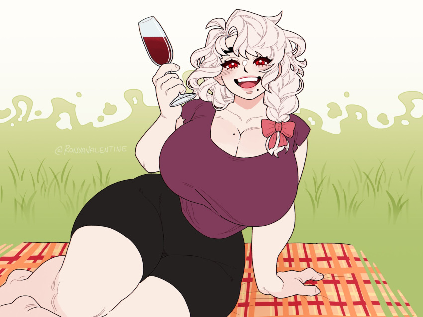 1girl :d alcohol black_shorts blonde_hair blush bow braid breasts brown_shirt cleavage collarbone commentary cup curvy drinking_glass english_commentary grass hair_bow hair_over_shoulder highres holding holding_cup huge_breasts looking_at_viewer medium_hair mole mole_on_breast mole_under_mouth open_mouth original outdoors picnic plump red_bow red_eyes ronyavalentine shirt short_sleeves shorts simple_background smile solo thick_eyebrows wine wine_glass