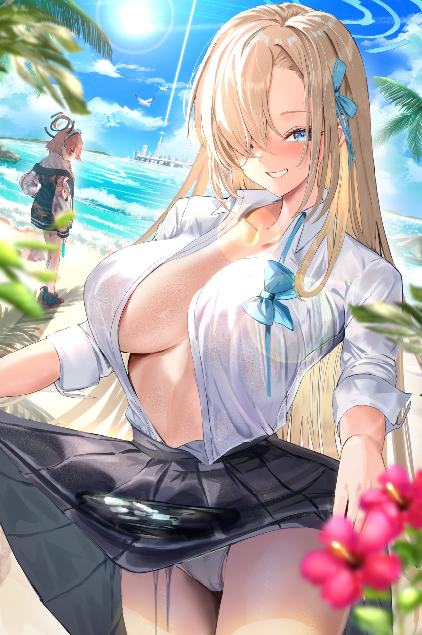 2girls absurdres asuna_(blue_archive) asymmetrical_bangs beach bird black_skirt blonde_hair blue_archive blurry blush breasts breasts_apart cameltoe clothes_lift collarbone depth_of_field flower hair_over_one_eye halo highres jacket large_breasts lens_flare lifted_by_self long_hair looking_at_viewer maid_headdress multiple_girls neru_(blue_archive) open_clothes open_shirt outdoors palm_leaf panties pleated_skirt school_uniform seagull shirt shirt_tucked_in skirt skirt_lift sleeves_rolled_up smile solo_focus straight_hair sukajan sun underwear undone_bowtie very_long_hair water_drop white_panties white_shirt yowayowachimpo