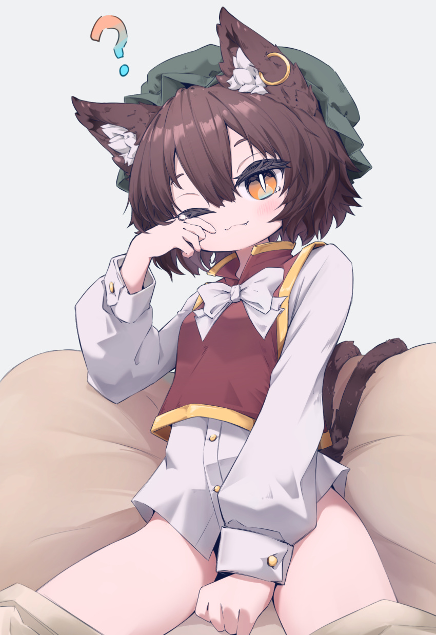 1girl ? animal_ears blush brown_hair cat_ears cat_tail chen closed_mouth earrings green_headwear hat highres jewelry long_sleeves mob_cap mr.turtle_head multiple_tails no_pants one_eye_closed orange_eyes red_vest shirt short_hair single_earring slit_pupils solo tail touhou two_tails vest white_shirt