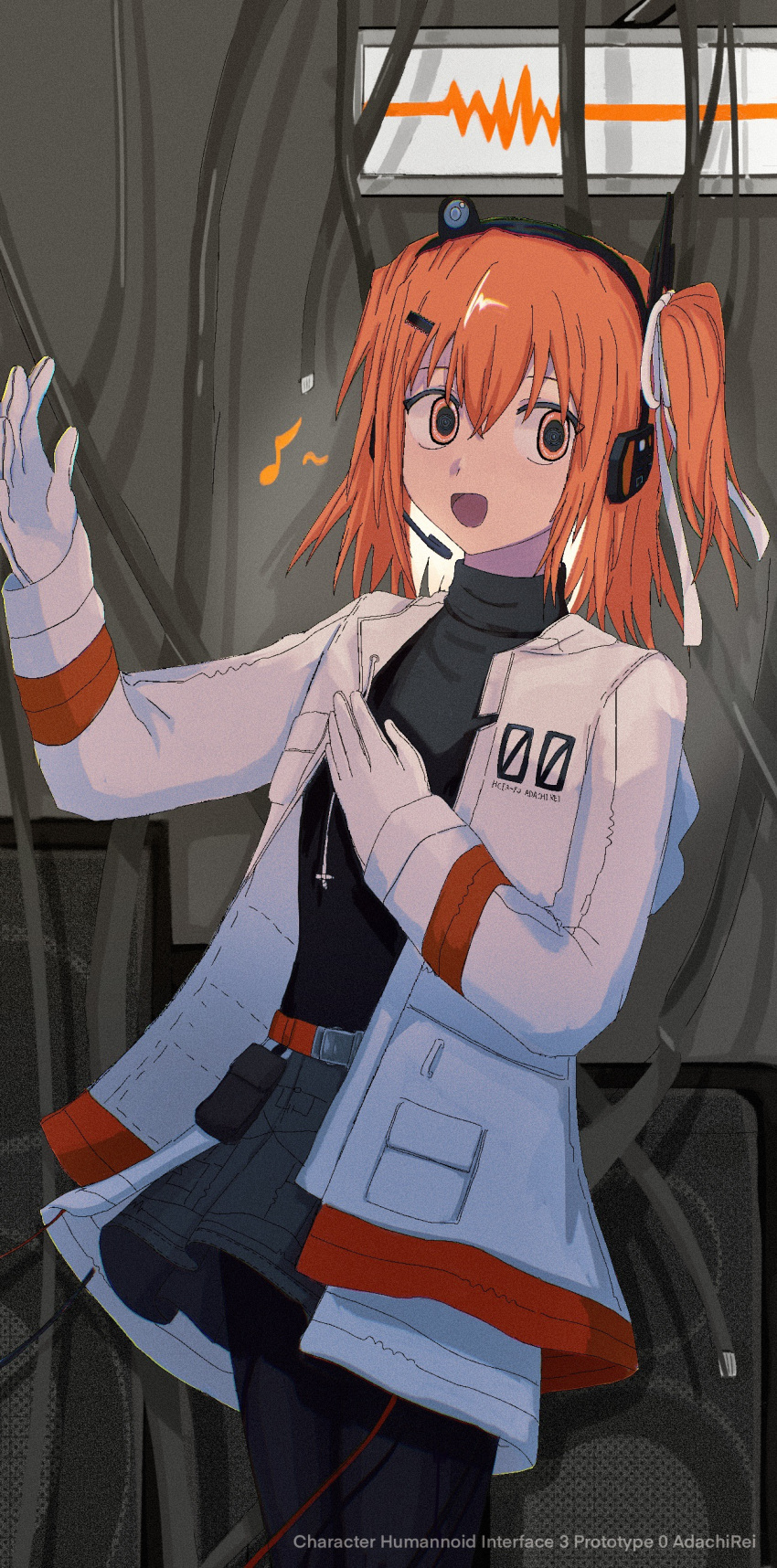 1girl a.i._voice absurdres adachi_rei android artificial_eye belt belt_pouch black_leggings black_shirt black_skirt cable cardiogram character_name cowboy_shot english_text false_(1940527018) film_grain gloves grey_background hand_on_own_chest hand_up headlamp headset highres hood hood_down hooded_jacket jacket leggings lens_eye long_sleeves looking_at_viewer mechanical_eye medium_hair microphone music musical_note one_side_up open_clothes open_jacket open_mouth orange_belt orange_eyes orange_hair pleated_skirt pouch radio_antenna screen shadow shirt sideways_glance singing skirt smile solo speaker spoken_musical_note standing text_in_eyes turtleneck utau white_gloves white_jacket