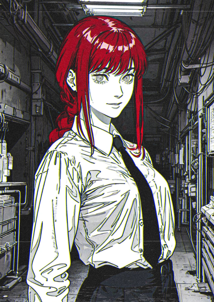 1girl black_necktie braid braided_ponytail cable chainsaw_man collared_shirt greyscale highres industrial looking_at_viewer makima_(chainsaw_man) medium_hair monochrome necktie red_hair ringed_eyes scanlines shirt shirt_tucked_in sidelocks solo spot_color white_shirt xenotrip