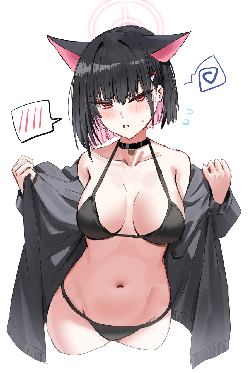 1girl animal_ears bikini black_bikini black_choker black_hair black_jacket blue_archive blunt_ends breasts breasts_apart cat_ears choker collarbone colored_inner_hair cropped_legs extra_ears groin halo highres horn/wood jacket kazusa_(blue_archive) looking_at_viewer medium_breasts multicolored_hair navel open_clothes open_jacket pink_hair short_hair simple_background solo spoken_blush squiggle stomach swimsuit two-tone_hair white_background
