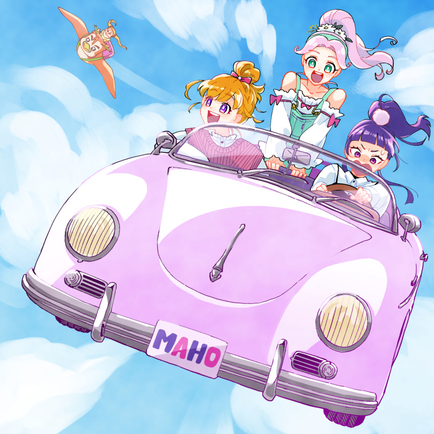 4girls :d above_clouds alternate_hairstyle asahina_mirai bird blonde_hair blue_sky blunt_bangs bright_pupils casual cloud collared_shirt commentary driving flower flying flying_car frown green_eyes green_overalls hair_flower hair_ornament hair_up hanami_kotoha highres izayoi_liko kasugano_urara_(yes!_precure_5) mahou_girls_precure! monster_rally multiple_girls off-shoulder_shirt off_shoulder one_side_up open_mouth outdoors pink_hair pink_sweater ponytail precure purple_eyes purple_hair ribbed_sweater riding romaji_text series_connection shirt sky sleeveless sleeveless_sweater smile sweatdrop sweater syrup_(yes!_precure_5) twintails white_pupils white_shirt yes!_precure_5 yes!_precure_5_gogo!