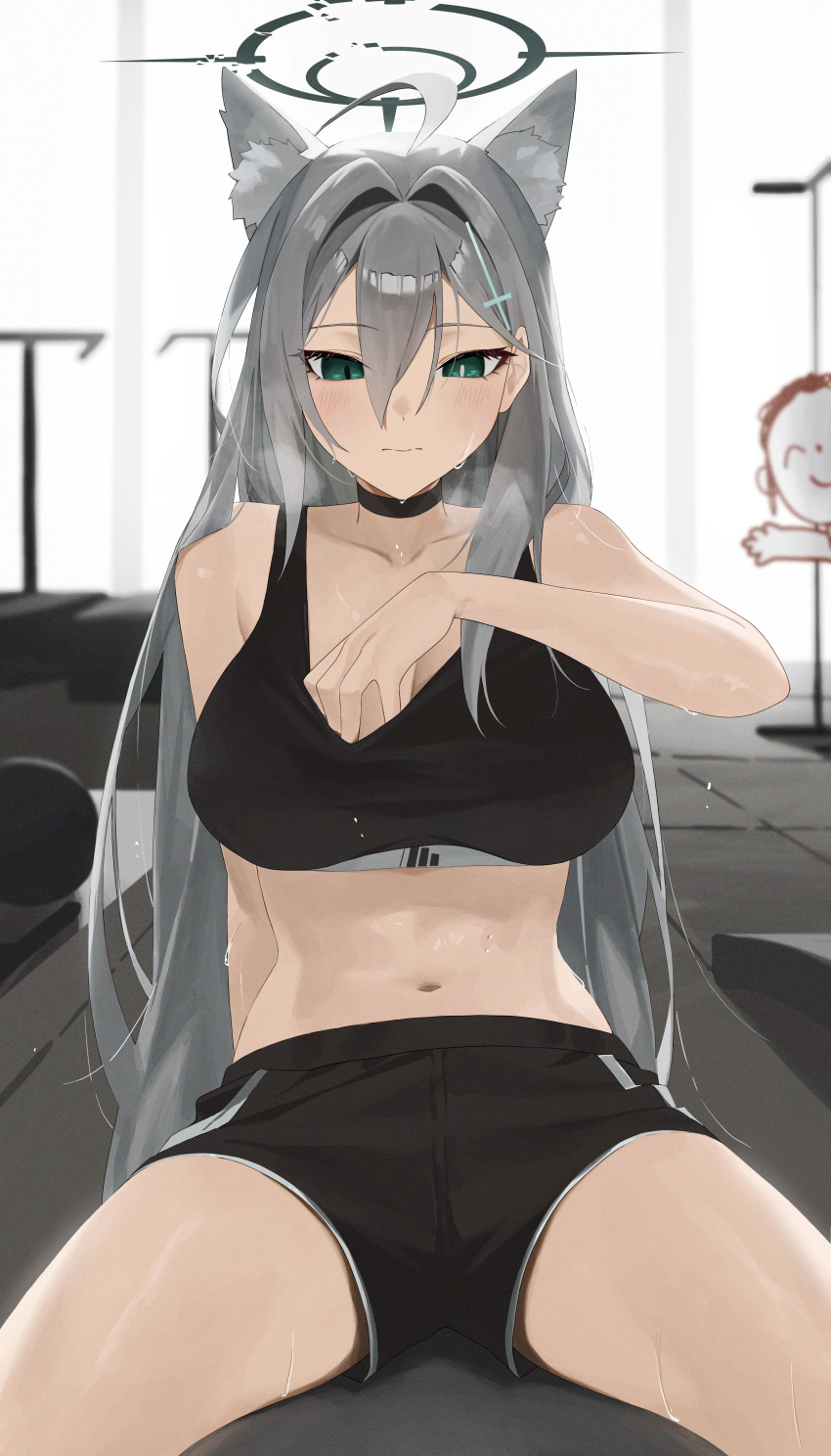 1girl absurdres animal_ears arona's_sensei_doodle_(blue_archive) black_choker black_halo black_shorts black_sports_bra blue_archive breasts choker closed_mouth collarbone commentary cross_hair_ornament dark_halo green_eyes grey_hair hair_between_eyes hair_ornament halo highres large_breasts long_hair mismatched_pupils mm_(mhm2592) navel revision sensei_(blue_archive) shiroko_(blue_archive) shiroko_terror_(blue_archive) shorts sports_bra wolf_ears