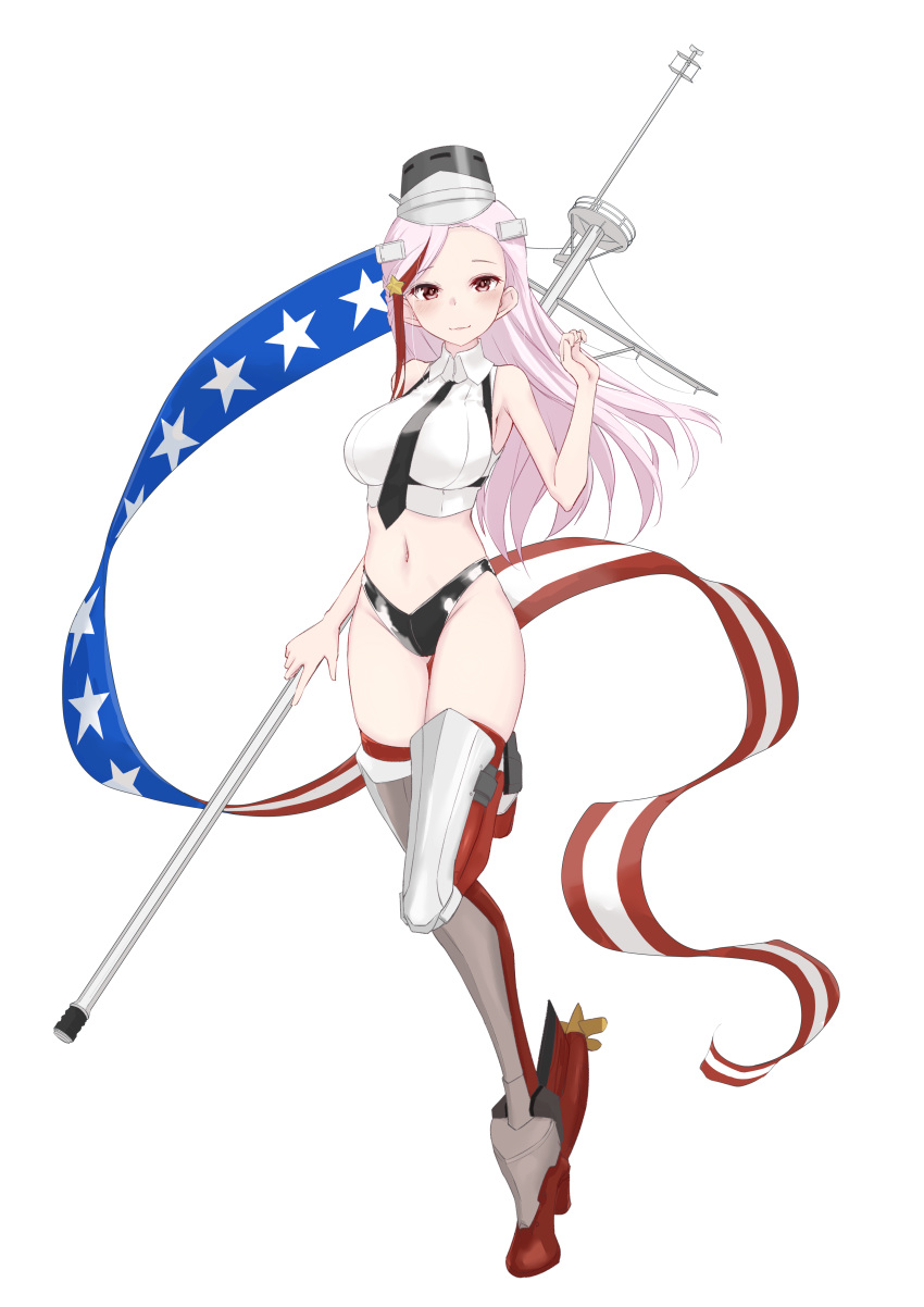 1girl absurdres american_flag black_necktie black_panties breasts flagpole full_body highres holding holding_pole kantai_collection large_breasts long_hair looking_at_viewer massachusetts_(kancolle) multicolored_hair navel necktie neve_(morris-minicooper) panties pink_hair pole red_eyes red_hair shirt sleeveless sleeveless_shirt solo star_(symbol) streaked_hair underwear white_shirt