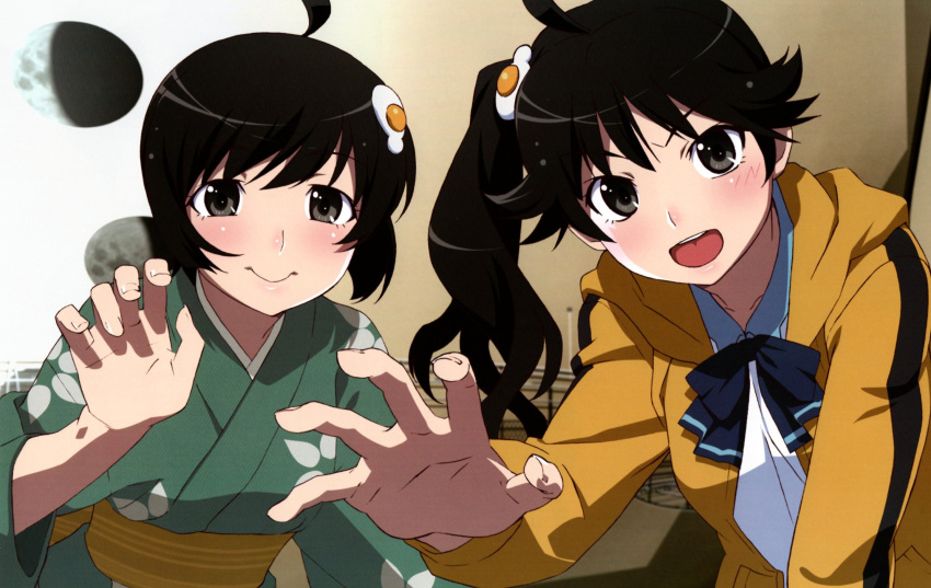 2girls ahoge araragi_karen araragi_tsukihi black_eyes black_hair blue_bow blue_bowtie blush bow bowtie closed_mouth egg_hair_ornament eyelashes food-themed_hair_ornament fujiyama_naoto green_kimono grey_eyes hair_ornament hand_up highres hood hooded_track_jacket indoors jacket japanese_clothes kimono leaning_forward long_hair long_sleeves monogatari_(series) multiple_girls nisemonogatari non-web_source obi official_art open_mouth sash scan scan_artifacts school_uniform short_hair siblings side_ponytail sisters teeth track_jacket tsuganoki_second_junior_high_school_uniform upper_body upper_teeth_only v-shaped_eyebrows