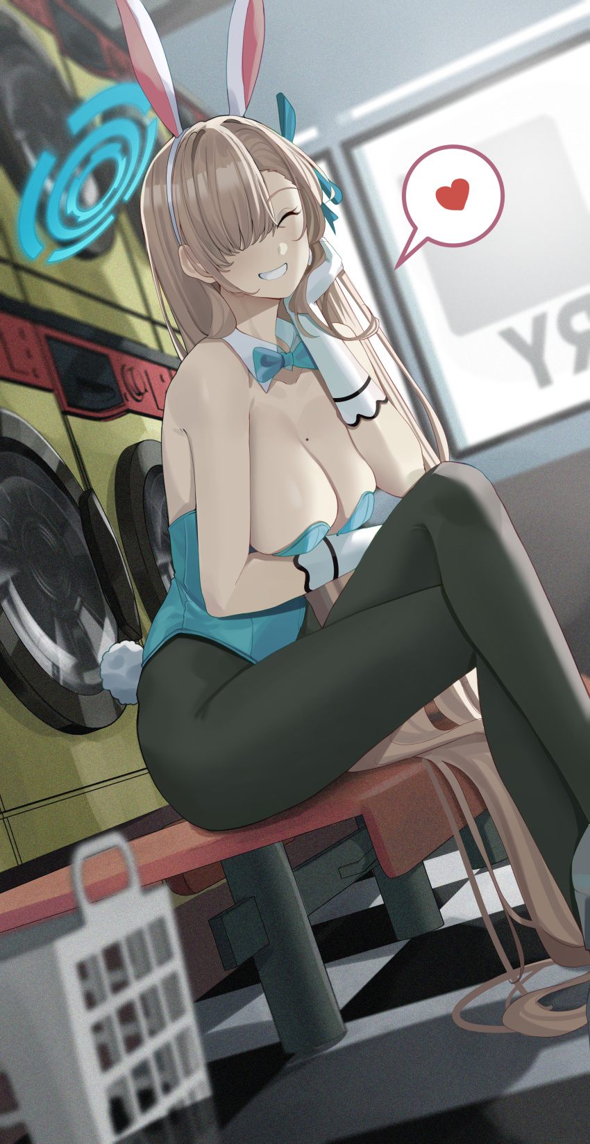 1girl absurdres animal_ears aqua_leotard asuna_(blue_archive) asuna_(bunny)_(blue_archive) black_pantyhose blonde_hair blue_archive breasts closed_eyes elbow_rest gloves grin haerge hair_over_one_eye hairband halo heart highres large_breasts laundromat mole mole_on_breast pantyhose playboy_bunny rabbit_ears rabbit_tail sitting smile solo spoken_heart tail teeth washing_machine white_gloves white_hairband