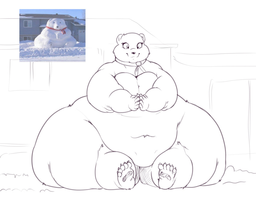 2022 5_fingers 5_toes anthro bear belly big_belly breasts eyelashes feet female fingers hi_res mammal navel overweight overweight_anthro overweight_female pawpads polar_bear real sirmasterdufel sitting smile snow_sculpture solo thick_thighs toes ursine wide_hips