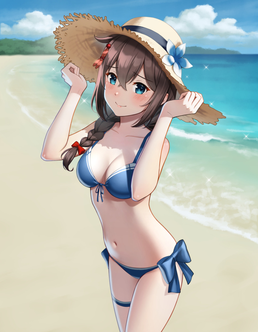 1girl beach bikini blue_bikini blue_eyes blue_flower blush braid breasts brown_hair brown_headwear closed_mouth day flower hair_between_eyes hair_flaps hat hat_flower highres kantai_collection long_hair medium_breasts navel ocean official_alternate_costume open_clothes outdoors porupurucha shigure_(kancolle) shigure_kai_san_(kancolle) single_braid smile solo straw_hat swimsuit thigh_strap