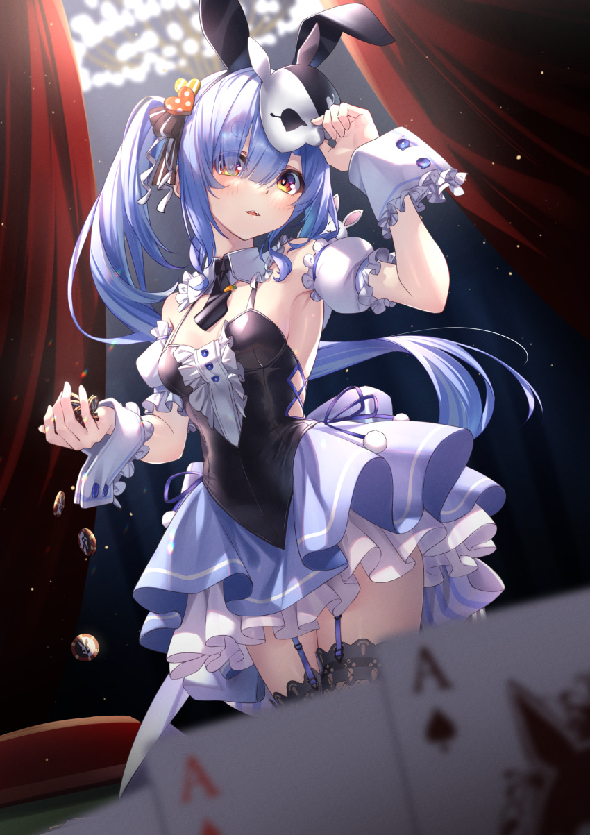 1girl absurdres ace_of_diamonds ace_of_spades animal_ears arm_up armpits asymmetrical_hair bangs bare_shoulders black_bow black_dress black_leotard black_necktie black_ribbon black_thighhighs blue_garter_straps blue_hair blurry blurry_foreground blush bow card center_frills chandelier collar commentary_request cowboy_shot detached_collar detached_sleeves diamond_(shape) don-chan_(usada_pekora) dress dutch_angle eye_mask eyes_visible_through_hair fake_animal_ears frilled_collar frilled_cuffs frilled_dress frilled_sleeves frills garter_straps gradient_eyes hair_bow hair_ornament hair_over_one_eye hair_ribbon heart heart_hair_ornament highres hikimayu holding holding_mask hololive layered_dress leotard light_particles long_hair looking_at_viewer mask mask_removed multicolored_clothes multicolored_dress multicolored_eyes necktie official_alternate_costume open_mouth playing_card poker_chip pom_pom_(clothes) puffy_short_sleeves puffy_sleeves rabbit-shaped_pupils rabbit_mask red_curtains red_eyes ribbon short_eyebrows short_necktie short_sleeves side_ponytail sidelocks sleeveless sleeveless_dress solo spade_(shape) symbol-shaped_pupils thick_eyebrows thighhighs thighs tsurupy usada_pekora very_long_hair virtual_youtuber white_collar white_sleeves white_wrist_cuffs wing_collar wrist_cuffs yellow_eyes