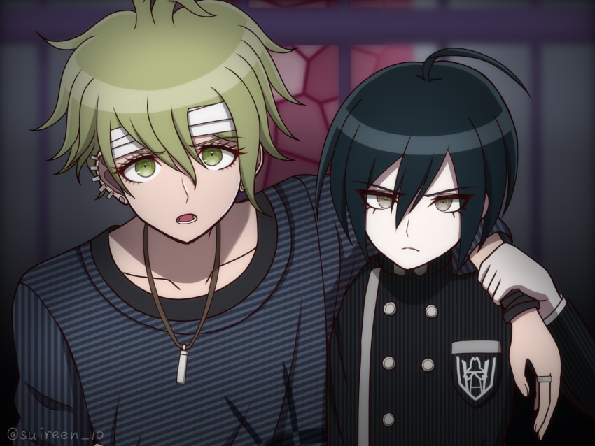 2boys ahoge amami_rantaro antenna_hair artist_name bandaged_head bandages black_hair black_jacket blurry blurry_background breast_pocket brown_eyes danganronpa_(series) danganronpa_v3:_killing_harmony frown green_eyes green_hair hand_up highres jacket jewelry long_sleeves lower_teeth_only multiple_boys necklace pale_skin pocket ring saihara_shuichi shirt short_hair striped striped_jacket striped_shirt suiren_yurei teeth tongue