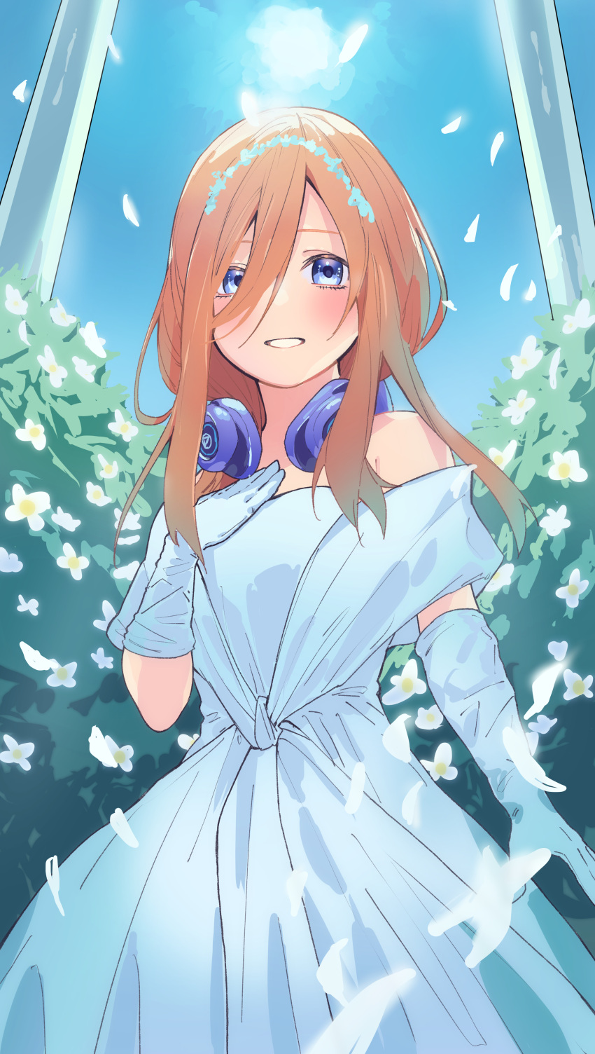 1girl absurdres bare_shoulders blue_dress blue_eyes blue_gloves blush brown_hair clenched_teeth dress falling_petals flower gloves go-toubun_no_hanayome hair_between_eyes hand_on_own_chest head_wreath headphones headphones_around_neck highres long_hair nakano_miku petals solo standing strapless strapless_dress teeth valentine_(02140314c) wedding_dress white_flower