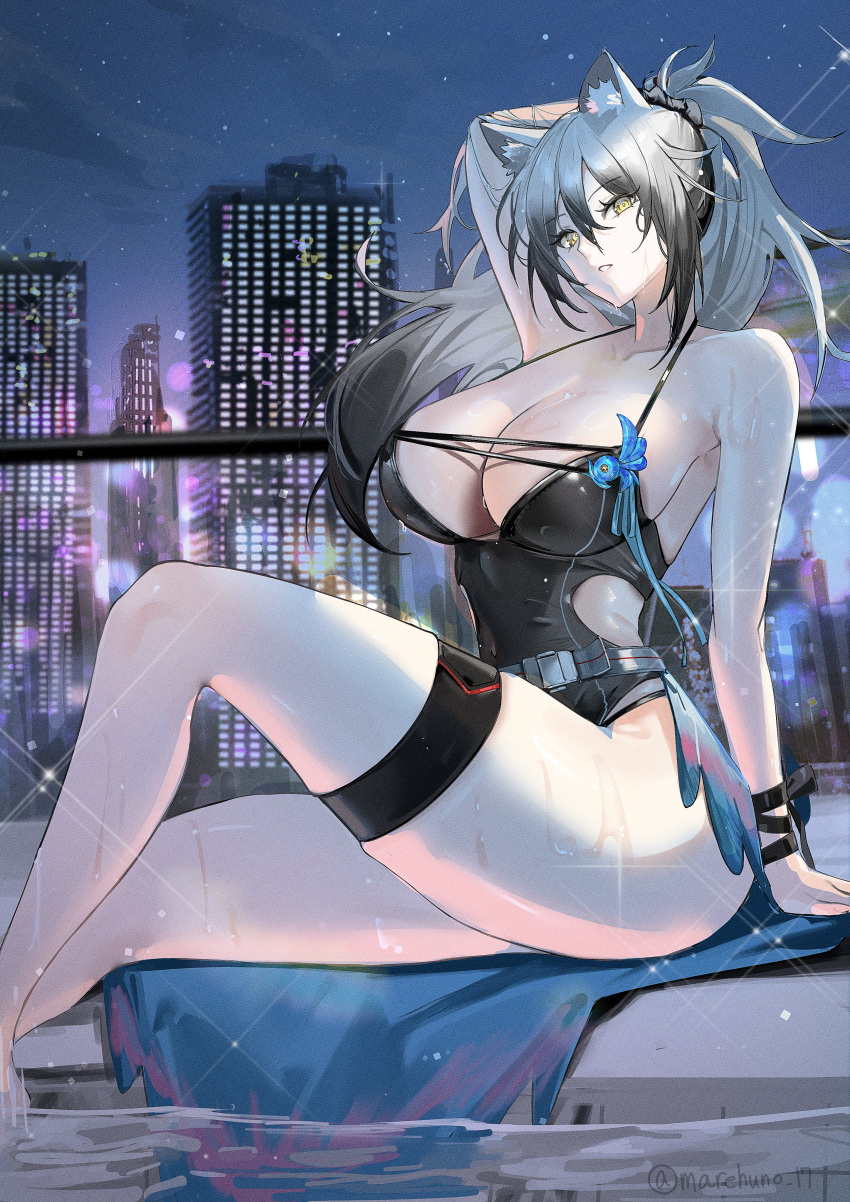 1girl absurdres animal_ears arknights arm_behind_head bare_shoulders belt black_one-piece_swimsuit black_ribbon breasts cat_ears cat_girl cleavage collarbone covered_navel film_grain grey_hair hair_between_eyes hair_ribbon halter_leotard halterneck hand_on_floor highres knee_up large_breasts legs leotard long_hair looking_at_viewer mare_funo messy_hair one-piece_swimsuit panther_ears panther_girl parted_lips ponytail pool poolside ribbon schwarz_(arknights) sitting solo swimsuit thick_thighs thigh_strap thighs towel very_long_hair waist_cutout wet wristlet yellow_eyes