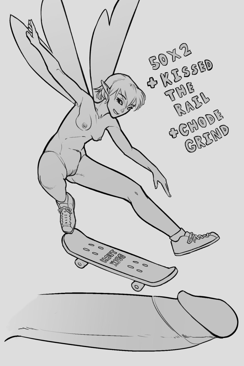 black_sclera breasts clothing disembodied_penis english_text erection fairy female footwear gameplay_mechanics genitals hi_res human humanoid humanoid_pointy_ears humor lightningwolt male male/female mammal monochrome mostly_nude not_furry penis pussy shoes skateboarding sneakers tech_deck text wings