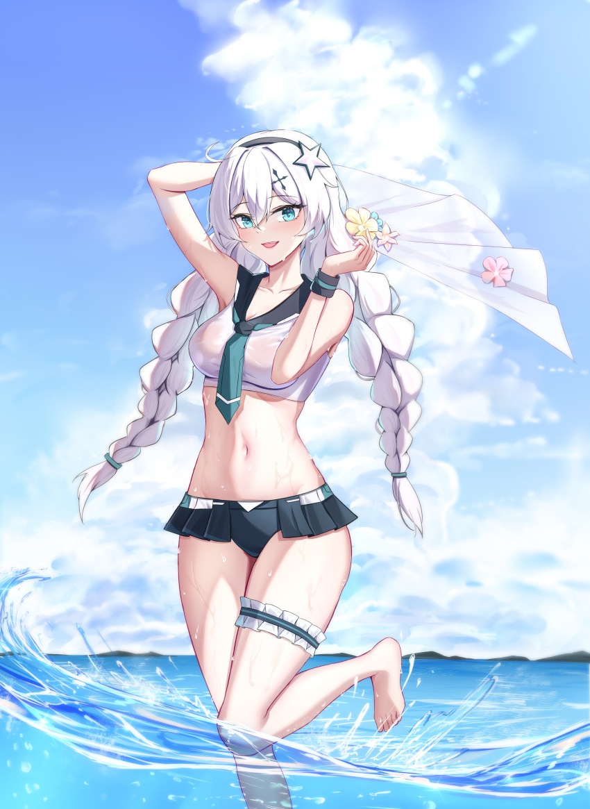 1girl :d absurdres alternate_costume arm_up bare_shoulders barefoot bikini bikini_skirt black_bikini black_sailor_collar blue_eyes blue_sky blush braid breasts chinese_commentary cloud cloudy_sky commentary commentary_request crop_top day flower hair_between_eyes hair_ornament hairband highres holding honkai_(series) honkai_impact_3rd kiana_kaslana long_hair looking_at_viewer medium_breasts midriff mismatched_bikini navel necktie ocean open_mouth outdoors sailor_collar see-through shirt skirt sky smile solo standing standing_on_one_leg stomach swimsuit thigh_strap twin_braids very_long_hair wading water wet wet_clothes wet_shirt white_hair white_shirt ying_ling