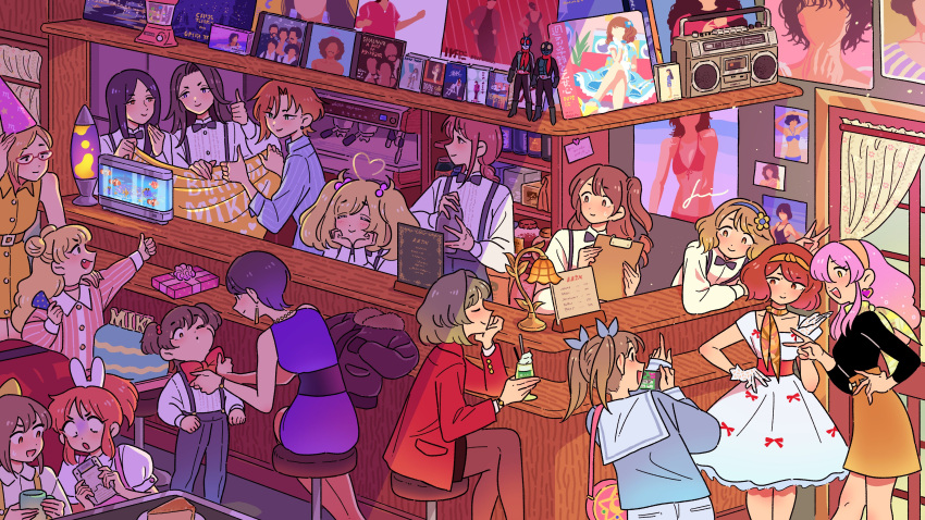 6+girls :d abe_nana absurdres ahoge aiba_yumi akagi_miria animal_ears aquarium bag banner bar_(place) bar_stool bartender belt bench bespectacled bikini birthday_cake black_hair black_necktie black_pants black_shirt black_skirt blonde_hair blue_hairband blue_ribbon blue_serafuku blush bob_cut book booth_seating bow box brown_belt brown_eyes brown_hair brown_skirt cake cake_slice can cellphone clipboard closed_eyes closed_mouth collarbone contrapposto cup curtains door dot_mouth dot_nose dress dress_shirt drink drinking_straw eyelashes fake_animal_ears fang figure fish food game_boy gift glasses gloves gradient_hair green_eyes hair_bobbles hair_bow hair_ornament hair_ribbon hairband hand_on_own_hip handbag handheld_game_console happy_birthday hat head_rest heart heart_ahoge high_collar highres hiiragi_shino holding holding_banner holding_clipboard holding_cup holding_drink hori_yuko huge_ahoge ice_cream ice_cream_float idolmaster idolmaster_cinderella_girls idolmaster_cinderella_girls_starlight_stage imai_kana jacket jar jennie_congee jewelry jougasaki_mika jougasaki_rika lamp lava_lamp leaning light_brown_hair long_hair long_sleeves looking_at_another maid medium_hair menu mifune_miyu mixing mug multicolored_hair multiple_girls nagatomi_hasumi neckerchief necklace necktie one_eye_closed one_side_up open_mouth orange_hair pants party_hat party_popper pearl_necklace phone pink_bag pink_dress pink_hair pink_shirt plate ponytail poster_(object) puffy_short_sleeves puffy_sleeves purple_dress purple_eyes purple_hair rabbit_ears radio red_jacket ribbon sailor_collar sato_shin school_uniform serafuku shelf shimamura_uzuki shirt short_hair short_sleeves short_twintails sitting skirt smile standing stool striped striped_shirt suspenders sweatdrop swimsuit table takagaki_kaede takahashi_reiko taking_picture thumbs_up togo_ai twintails v white_dress white_gloves white_pants white_sailor_collar white_shirt yanagi_kiyora yellow_bow yellow_dress yellow_eyes yellow_hairband yellow_neckerchief yoshioka_saki