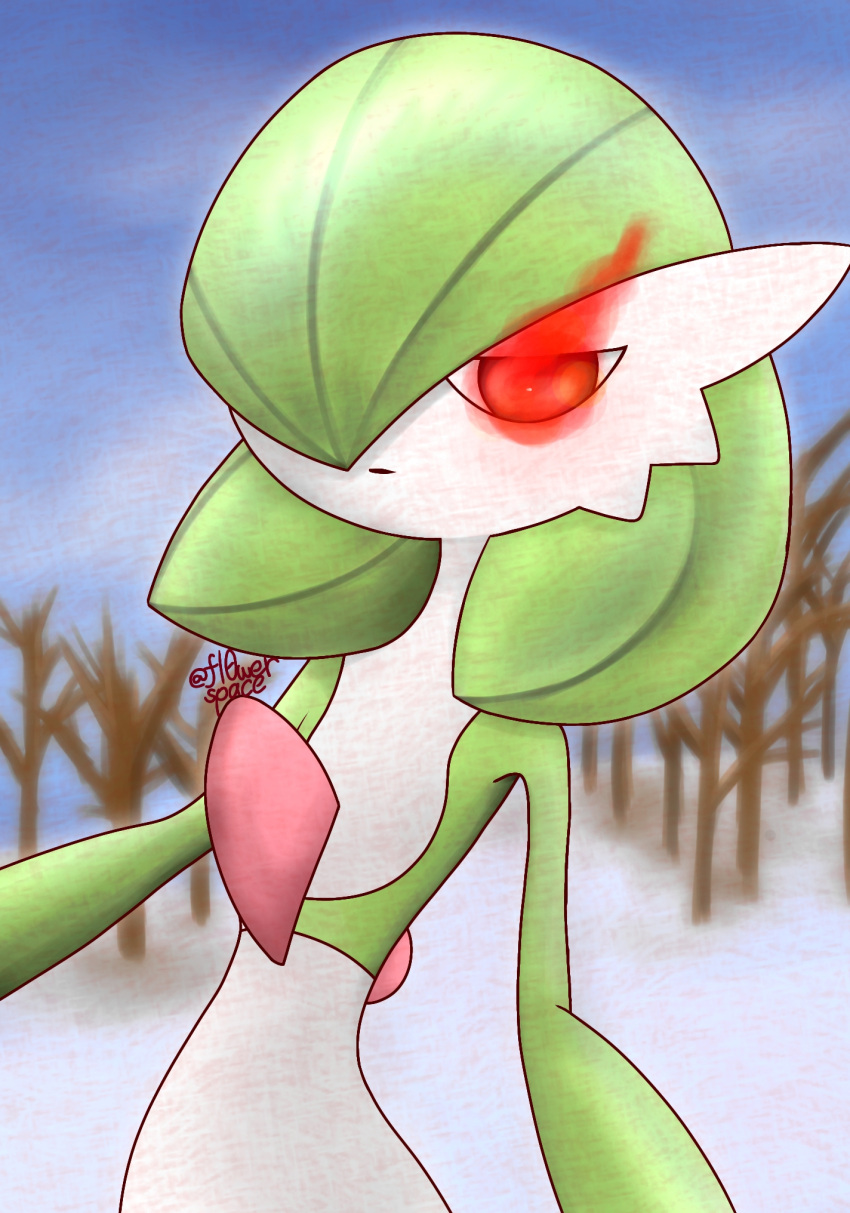 1girl alpha_pokemon artist_name bare_tree blue_sky bob_cut closed_mouth colored_skin commentary day flat_chest gardevoir glowing glowing_eyes green_hair green_skin hair_over_one_eye half-closed_eyes highres looking_at_viewer multicolored_skin one_eye_covered outdoors pokemon pokemon_(creature) pokemon_(game) pokemon_legends:_arceus red_eyes short_hair signature sky solo standing tree twitter_username two-tone_skin upper_body white_skin yuri_(pixiv_76483886)