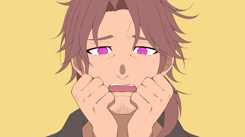 1boy @_@ belmond_banderas black_shirt brown_hair choco_(chocovix112) collared_shirt eyebrows_hidden_by_hair facial_hair fangs hands_up highres male_focus nijisanji open_mouth parted_bangs portrait purple_eyes shirt solo stubble teeth thick_eyebrows upper_teeth_only virtual_youtuber wavy_mouth yellow_background