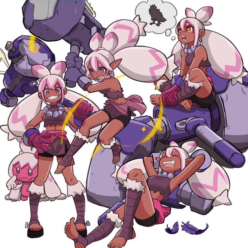 +_+ 1girl amazu_(kurozu) arms_behind_head arms_up bare_shoulders bikini black_shorts blush_stickers breasts brown_shirt brown_skirt closed_eyes closed_mouth commentary corviknight crop_top dark-skinned_female dark_skin drooling feathers foot_wraps gloves grey_hair grin hair_between_eyes hammer hand_on_own_hip heart heart-shaped_pupils highres holding holding_hammer humanization long_hair low_twintails lying medium_breasts midriff multicolored_hair navel no_shoes on_back open_mouth pink_hair pokemon pokemon_(creature) purple_feathers purple_gloves purple_hair saliva shirt short_eyebrows short_shorts shorts shorts_under_skirt simple_background skirt sleeveless sleeveless_shirt smile soles swimsuit symbol-shaped_pupils thick_eyebrows tinkaton twintails two-tone_hair v-shaped_eyebrows very_long_hair white_background