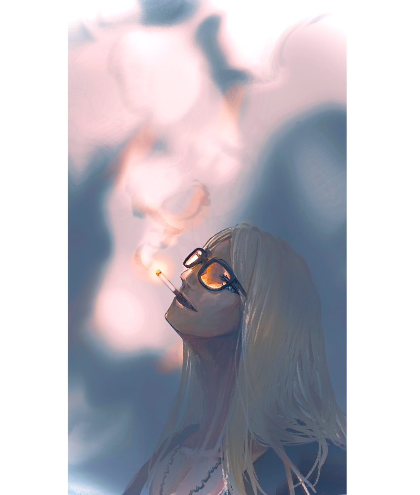 1boy blonde_hair cigarette fate/grand_order fate_(series) fire_light flapper_shirt highres light_smile long_hair looking_up male_focus orange-tinted_eyewear pistachiohyeah shirt smoke solo sunglasses tezcatlipoca_(fate) tinted_eyewear upper_body