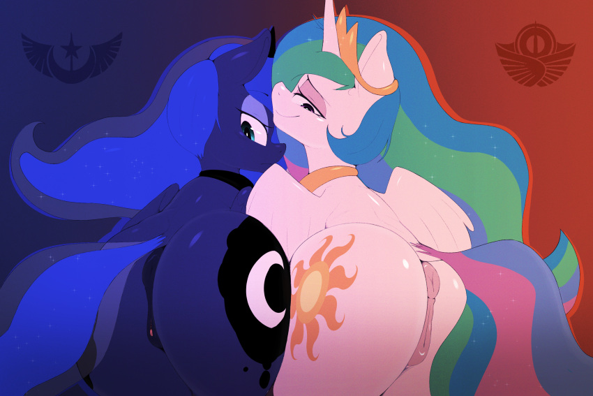 blue_body blue_hair butt cutie_mark duo equid equine feathered_wings feathers female female/female feral friendship_is_magic genitals hair hasbro hi_res horn mammal multicolored_hair my_little_pony princess_celestia_(mlp) princess_luna_(mlp) pussy simple_background sinrizuki smile winged_unicorn wings