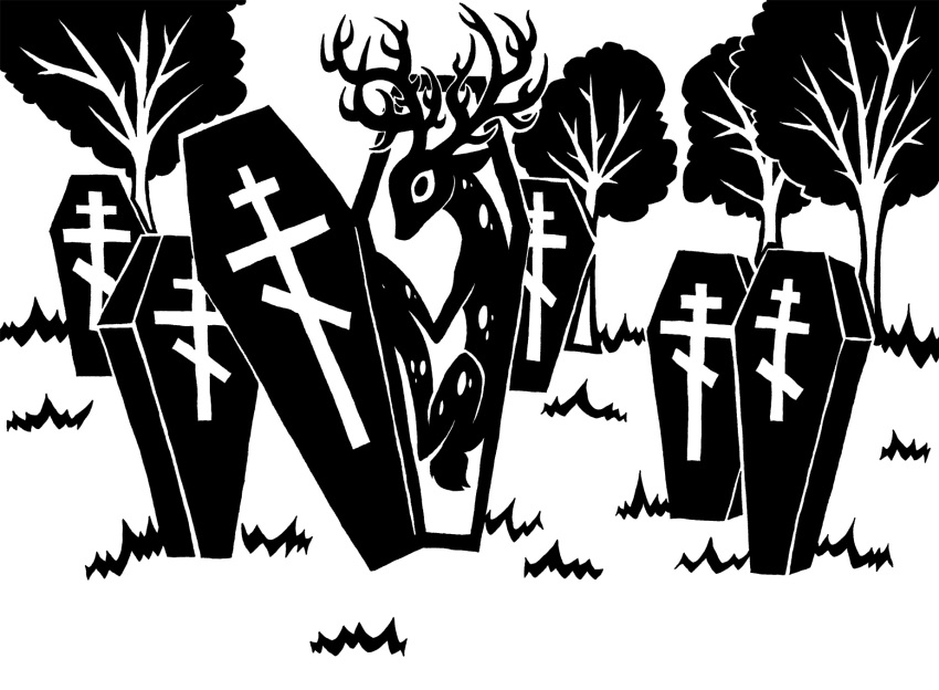 2014 2_horns ambiguous_gender antlers black_and_white cervine coffin cross deer deer_ears digital_drawing_(artwork) digital_media_(artwork) ears_back feral fur grass hi_res hooves horn in_coffin mammal monochrome pivoted_ears plant quadruped red_deer restricted_palette scp-1760 scp_foundation scut_tail short_tail side_view simple_background slavic_cross sunnyclockwork tail tree unguligrade white_background