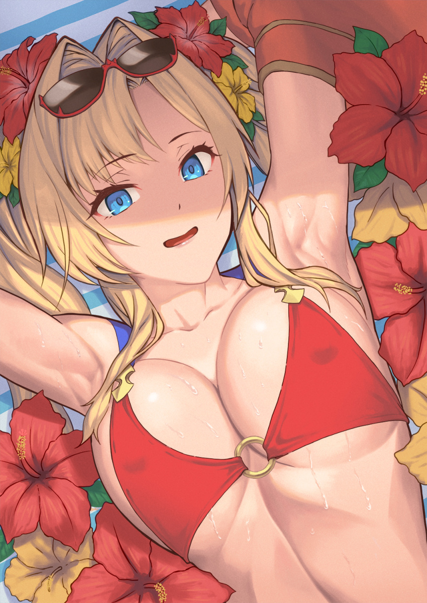 1girl bikini bikini_top_only blonde_hair blue_eyes blush breasts eyewear_on_head granblue_fantasy highres large_breasts looking_at_viewer lying o-ring o-ring_bikini o-ring_top official_alternate_costume on_back open_mouth paid_reward_available red_bikini smile solo sunglasses sweat swimsuit tekkai_blade twintails upper_body zeta_(granblue_fantasy) zeta_(summer)_(granblue_fantasy)