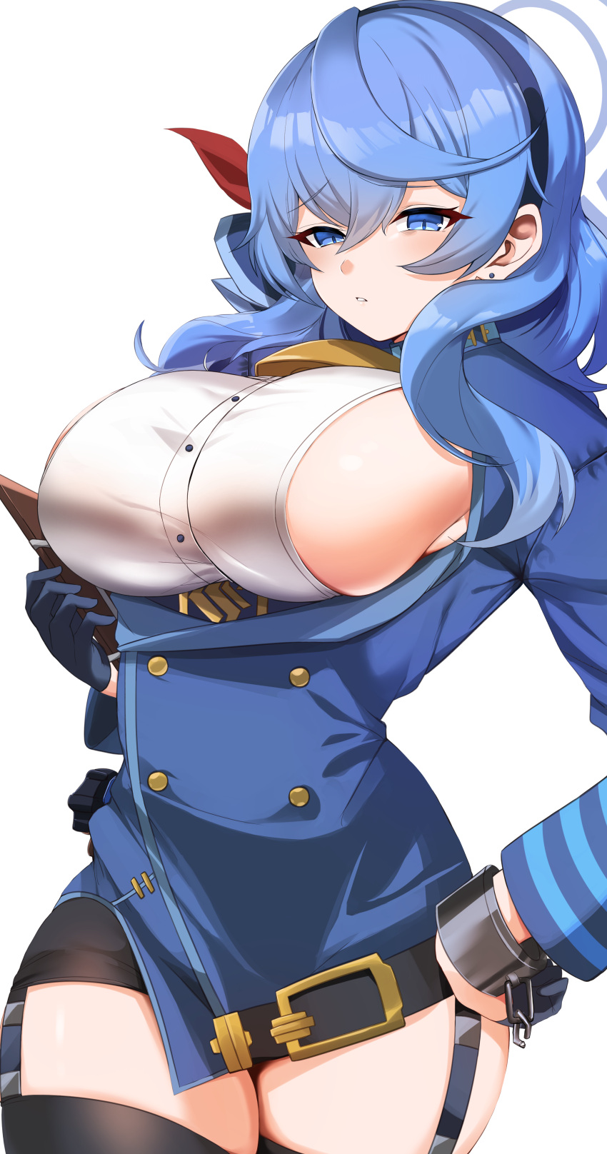 1girl absurdres ako_(blue_archive) bell black_skirt black_thighhighs blue_archive blue_eyes blue_gloves blue_hair blue_jacket blush breasts buttons clipboard collar cowbell cuffs double-breasted garter_straps gloves hair_between_eyes hair_ribbon hairband half_gloves halo highres jacket large_breasts long_hair long_sleeves looking_at_viewer maou_(maoudaisukiya) miniskirt pencil_skirt ribbon shackles sideboob skirt solo thighhighs thighs underbust