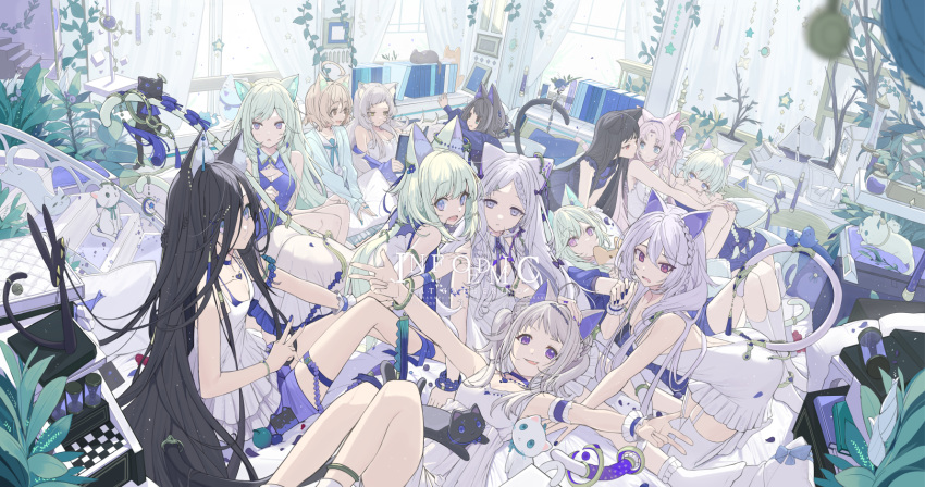 6+girls animal_ears bird blue_bird blue_eyes cat cat_ears crescent green_hair highres instrument multiple_girls original piano plant potted_plant purple_eyes touzai_(poppin_phl95) window