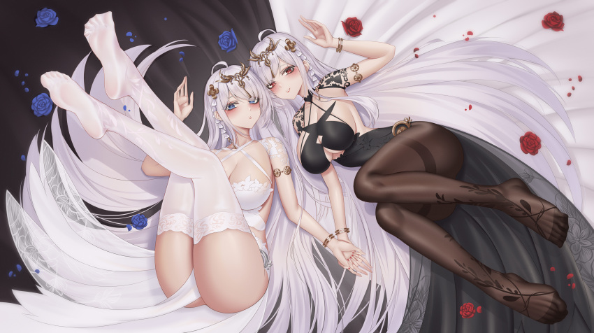 2girls absurdres azur_lane black_pantyhose blue_eyes blush bracelet breasts cleavage closed_mouth commentary_request emden_(azur_lane) feet hair_ornament highres ichikushi_mojibake jewelry large_breasts legs legs_up long_hair looking_at_viewer lying multiple_girls on_back on_side pantyhose parted_lips red_eyes revision smile soles thighband_pantyhose thighhighs thighs white_hair white_thighhighs