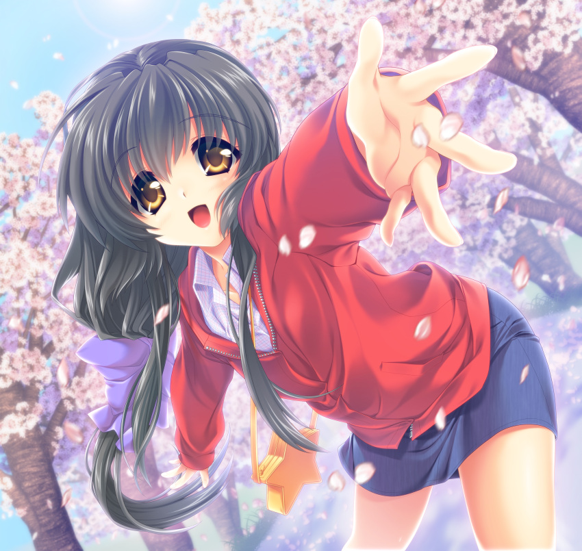 1girl :d absurdres bag black_hair blue_eyes blue_skirt bow brown_eyes casual cherry_blossoms clannad commentary_request cowboy_shot day denim denim_skirt eyelashes eyes_visible_through_hair falling_petals floating_hair foreshortening hair_bow hanami handbag highres ibuki_fuuko jacket leaning_forward long_hair long_sleeves looking_at_viewer low-tied_long_hair official_art open_hand open_mouth outdoors outstretched_arms petals purple_bow reaching reaching_towards_viewer red_jacket satomi_yoshitaka sidelocks skirt smile solo standing star_(symbol) tree very_long_hair