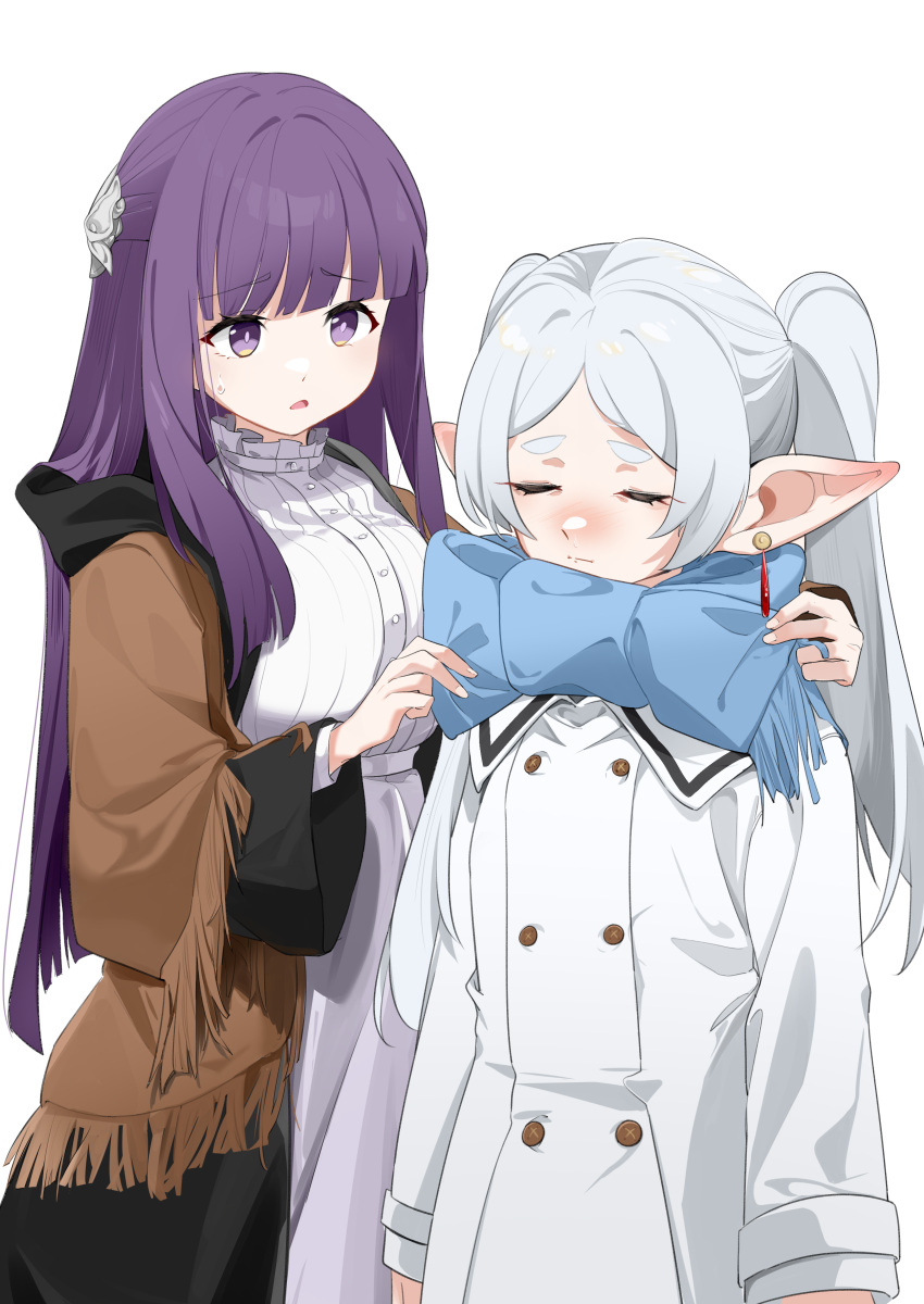 2girls absurdres adjusting_another's_clothes blue_scarf blunt_bangs breasts brown_jacket closed_eyes closed_mouth commentary_request dress earrings fern_(sousou_no_frieren) frieren grey_hair highres jacket jewelry large_breasts long_hair long_sleeves looking_at_another multiple_girls open_mouth pointy_ears purple_eyes purple_hair scarf simple_background sousou_no_frieren sweatdrop thick_eyebrows twintails upper_body wako_(1194433260) white_background white_dress