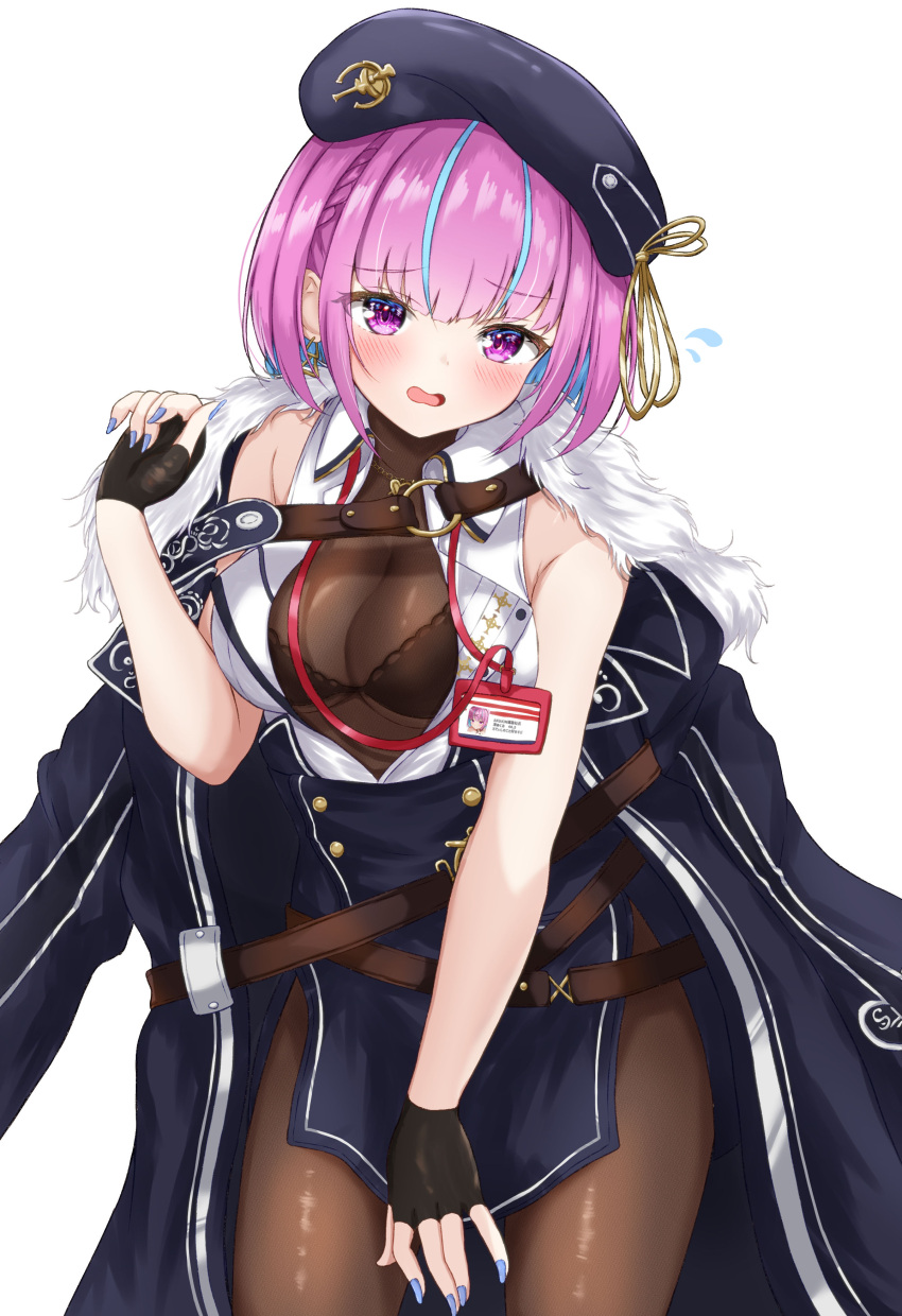 1girl absurdres beret black_bra black_gloves black_headwear black_jacket black_skirt blue_hair blue_nails blush bodystocking bra breasts cleavage collared_shirt colored_inner_hair cosplay fingerless_gloves fur-trimmed_jacket fur_trim gloves hat high-waist_skirt highres hololive houshou_marine houshou_marine_(6th_costume) houshou_marine_(cosplay) id_card jacket lace-trimmed_bra lace_trim large_breasts minato_aqua multicolored_hair nail_polish open_mouth partially_unbuttoned pink_hair purple_eyes rinkaa_(lovelive765pro2) shirt short_hair skirt sleeveless sleeveless_shirt two-tone_hair unbuttoned unbuttoned_shirt underwear virtual_youtuber white_background white_shirt