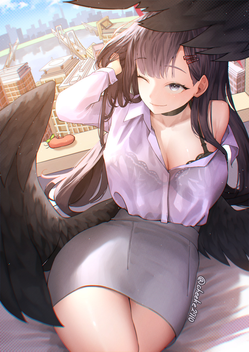 1girl absurdres bed_sheet black_bra black_hair black_wings blue_archive bra chee_ke closed_mouth collarbone feathered_wings grey_eyes grey_skirt hair_ornament hairclip halo highres ichika_(blue_archive) long_hair long_sleeves one_eye_closed pencil_skirt purple_shirt red_halo shirt skirt smile solo twitter_username underwear wings