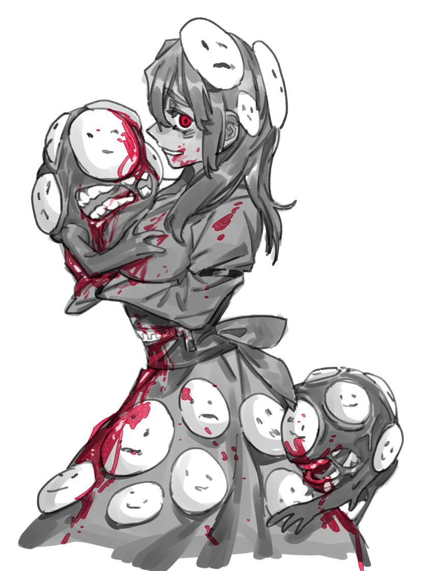 1girl absurdres blood blood_on_clothes blood_on_face breasts commentary creature_and_personification dress from_side grin highres large_breasts lobotomy_corporation long_hair long_sleeves mountain_of_smiling_bodies personification poopvirus project_moon red_eyes ribbon simple_background sketch smile spot_color white_background zipper