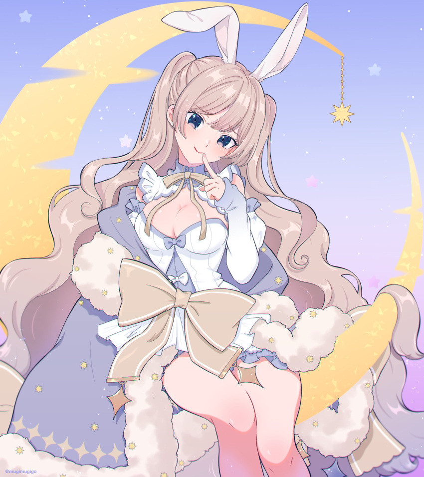 1girl animal_ears blonde_hair blue_eyes bow breasts cleavage commentary_request crescent_moon detached_sleeves fake_animal_ears finger_to_mouth fur_trim highres long_hair moon mugimugigo nijisanji nijisanji_kr rabbit_ears sitting so_nagi solo very_long_hair virtual_youtuber yellow_bow