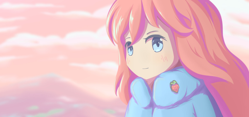 1girl blue_eyes blue_jacket blush celeste_(video_game) closed_mouth cloud coat down_jacket highres jacket light_smile long_hair looking_at_viewer madeline_(celeste) mountain mountainous_horizon orange_hair outdoors pink_background pink_sky portrait sky smile solo strawberry_brooch tiyalinaria winter_clothes winter_coat