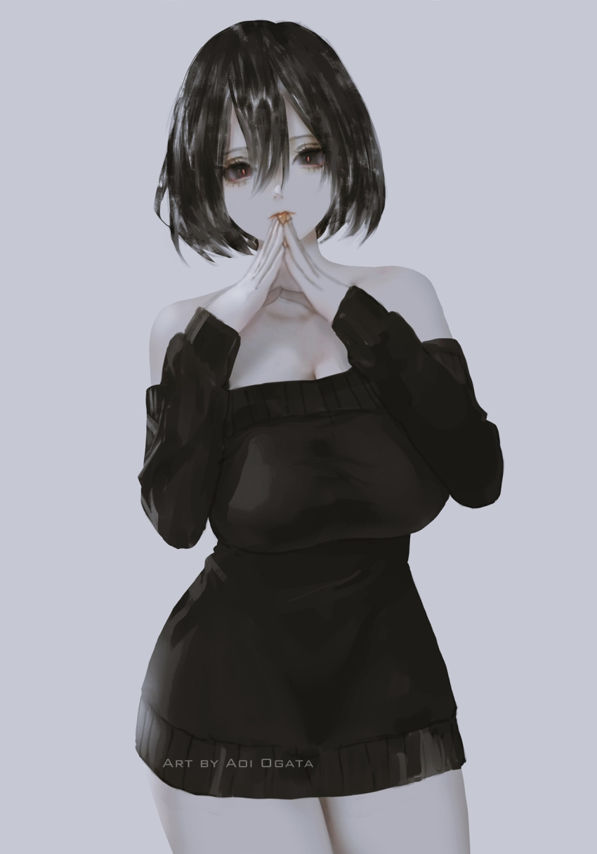 1girl aoi_ogata black_hair black_sweater breasts cleavage clip_studio_paint_(medium) closed_mouth collarbone commentary cowboy_shot english_commentary grey_background grey_eyes hair_between_eyes hands_up highres long_sleeves looking_at_viewer medium_breasts off-shoulder_sweater off_shoulder original simple_background sleeves_past_wrists solo standing steepled_fingers sweater