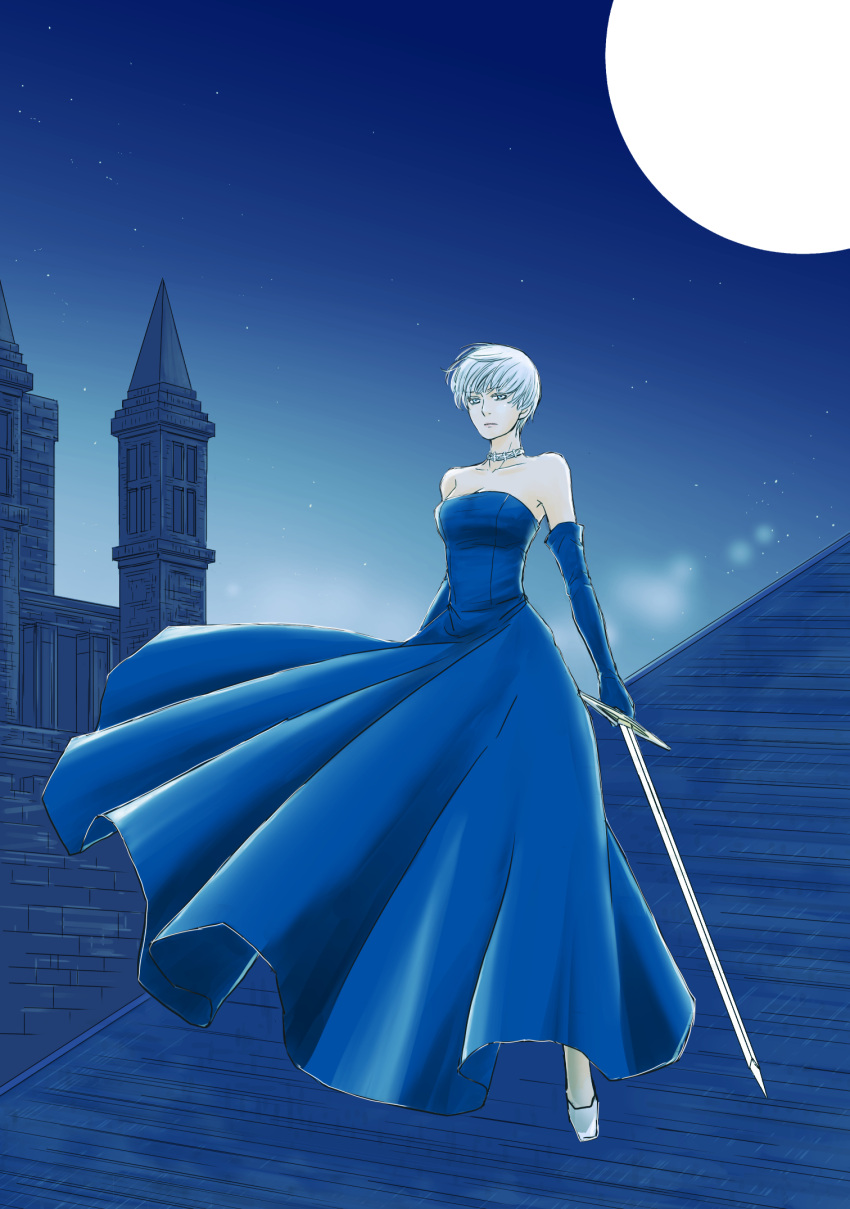 1girl bare_shoulders blue_dress breasts chiako_(chanome) choker cleavage dress elbow_gloves full_moon gloves grey_hair highres holding holding_sword holding_weapon lace lace_choker long_dress medium_breasts moon night on_roof outdoors pixie_cut radiant_historia short_hair solo strapless strapless_dress sword very_short_hair viola_(radiant_historia) weapon white_footwear