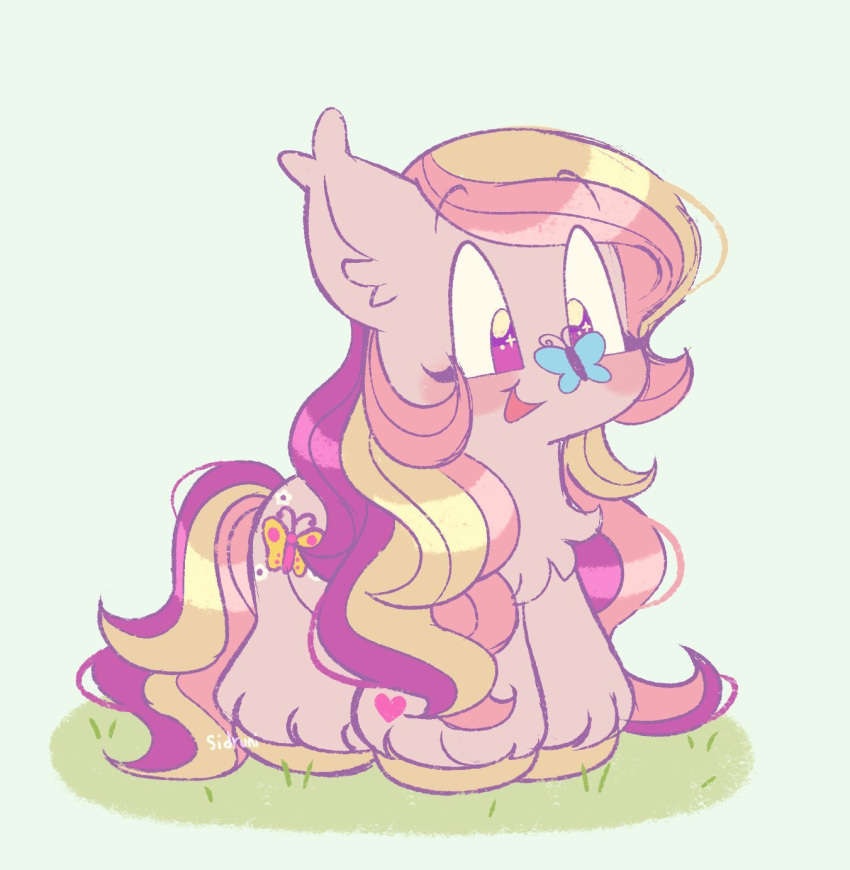 arthropod butterfly chibi cutie_mark earth_pony equid equine female feral fluttershy_(pre-g4) fur hair hasbro hi_res hooves horse insect lepidopteran mammal mlp_g3 multicolored_hair multicolored_tail my_little_pony open_mouth open_smile pink_body pink_fur pony sidruni smile solo tail