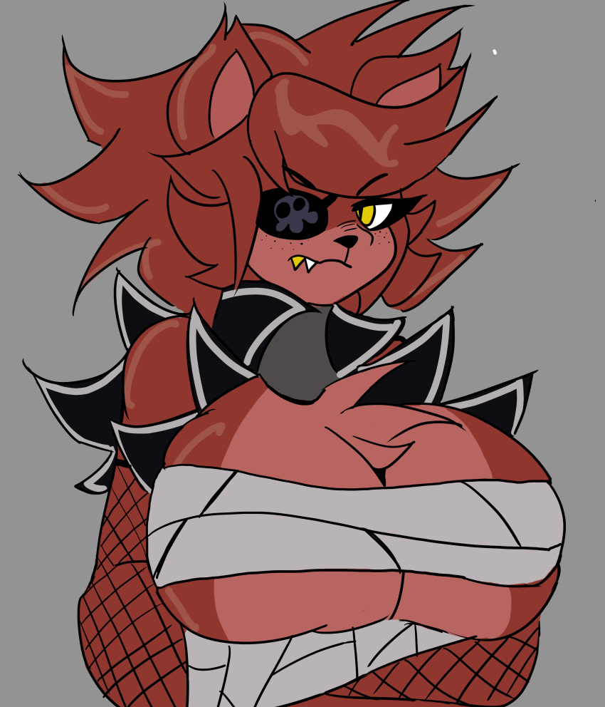 absurd_res anthro bandage big_breasts breasts brown_body brown_fur brown_hair canid canine chest_tuft chest_wraps cleavage clothed clothing crossed_arms crossgender eye_patch eyewear female fishnet fishnet_armwear five_nights_at_freddy's fox foxy_(fnaf) freckles frown fur gold_(metal) gold_tooth grey_background hair hi_res huge_breasts killer._ez looking_at_viewer mammal pupils scottgames sharp_teeth simple_background slit_pupils solo teeth tuft under_boob wraps yellow_eyes