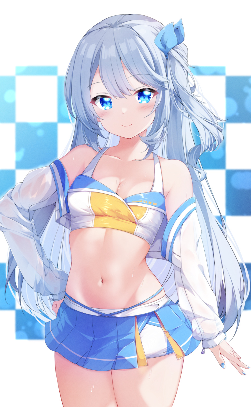 1girl blue_eyes blue_nails blue_ribbon blue_skirt blush breasts checkered_background cleavage closed_mouth collarbone commentary_request cowboy_shot cropped_jacket fuuna grey_hair hair_between_eyes hair_ribbon hand_on_own_hip highres jacket long_hair long_sleeves looking_at_viewer medium_breasts nail_polish navel off_shoulder one_side_up open_clothes open_jacket original pleated_skirt puffy_long_sleeves puffy_sleeves race_queen ribbon see-through skirt sleeves_past_wrists smile solo standing very_long_hair white_background white_jacket