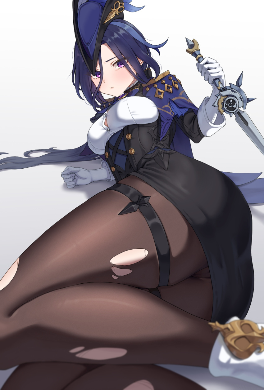 1girl ascot ass black_corset black_pantyhose blue_ascot blue_cape blue_hair blue_headwear blush breasts button_gap cape clorinde_(genshin_impact) corset dangle_earrings dark_blue_hair earrings epaulettes fold-over_gloves foot_out_of_frame full_body genshin_impact gloves hand_up hat highres holding holding_sword holding_weapon iron_sting_(genshin_impact) jewelry kadokadokado knees_up legs_together long_hair looking_at_viewer lying medium_breasts on_side pantyhose parted_lips pencil_skirt purple_eyes reclining sidelocks skindentation skirt solo sword thigh_strap torn_clothes torn_pantyhose tricorne weapon white_background white_gloves