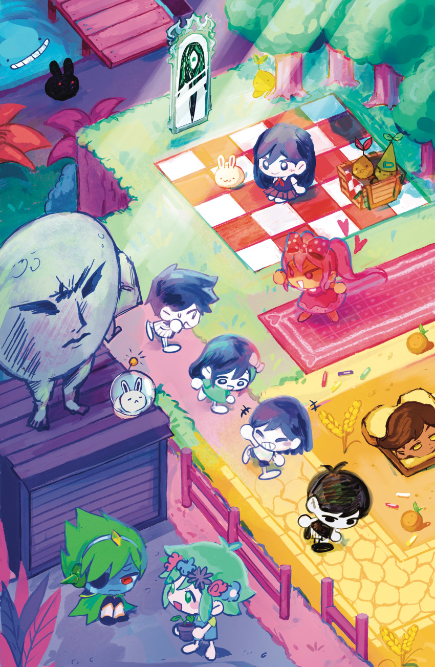 3girls 6+boys absurdres aubrey_(omori) basil_(omori) biscuit_(omori) black_eyes black_hair blanket blue_skin bow captain_spaceboy carpet chibi colored_skin dark-skinned_male dark_skin eyepatch fence food forest_bunny_(omori) fruit ghost_bunny_(omori) green_eyes green_hair hair_bow head_wreath hero_(omori) highres holding_flower_pot humphrey_(omori) joylychi kel_(omori) long_hair mari_(omori) mirror multiple_boys multiple_girls omori omori_(omori) orange_(fruit) pink_bow pink_hair plant pluto_(omori) polka_dot polka_dot_bow potted_plant purple_eyes purple_hair red_eyes short_hair something_(omori) space_bunny_(omori) spoilers sprout_mole tree twintails white_skin