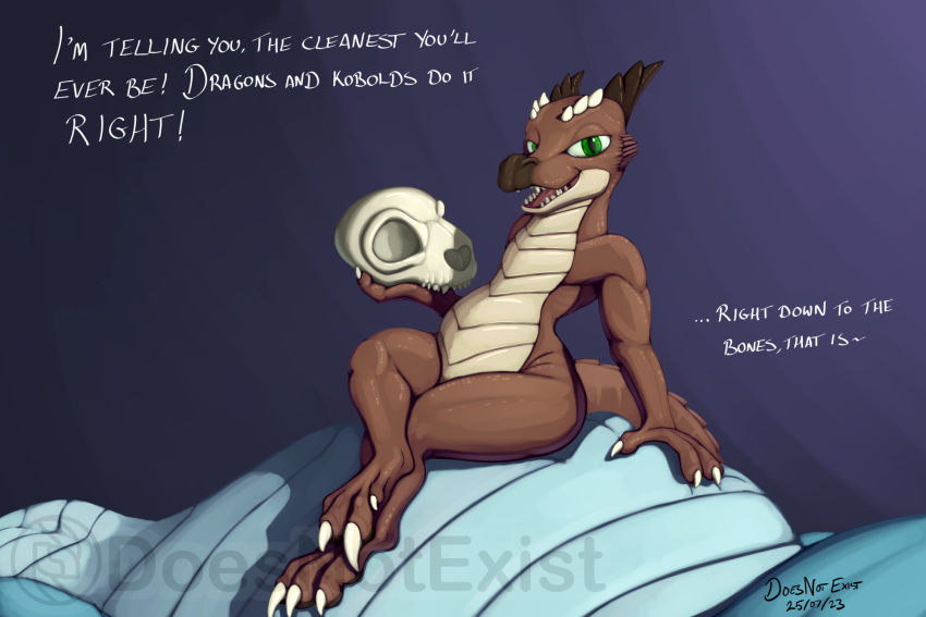 2023 after_vore anthro belly blue_body blue_scales bone brown_body brown_scales bryce_daeless claws countershading dated death dialogue digital_media_(artwork) doesnotexist dragon english_text fatal_vore green_eyes hi_res holding_skull horn kian_(doesnotexist) kobold looking_at_viewer open_mouth pupils scales scalie signature sitting sitting_on_another skull slit_pupils subscribestar talking_to_viewer tan_body tan_scales text toe_claws vore watermark