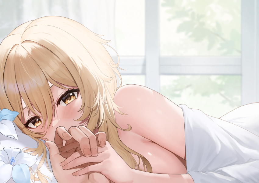 1girl ayul_(ayulneri_92) bed_sheet blonde_hair blush breasts commentary_request genshin_impact highres holding_hands large_breasts looking_at_viewer lumine_(genshin_impact) medium_hair on_bed pov_across_bed sidelocks solo_focus window yellow_eyes