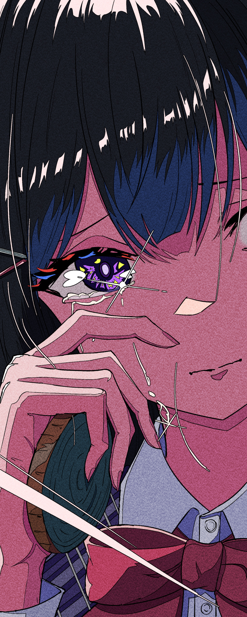 1girl absurdres black_hair bow bowtie closed_mouth collared_shirt commentary_request crying crying_with_eyes_open hair_between_eyes highres ligne_claire looking_at_viewer natsugu72 nijisanji partial_commentary portrait purple_eyes red_bow red_bowtie shirt solo sparkle streaming_tears tears tsukino_mito white_shirt wiping_tears