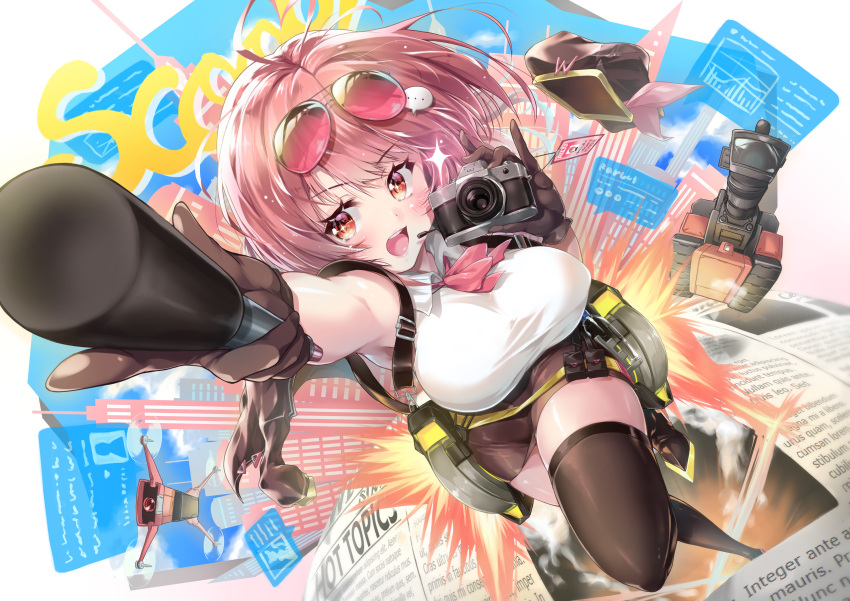 1girl absurdres ahoge armpits black_gloves black_thighhighs breasts camera commentary_request drone girls'_frontline girls'_frontline_neural_cloud gloves hair_ornament hat highres holding holding_camera holding_microphone id_card large_breasts leg_up medium_hair microphone necktie newspaper open_mouth pink-tinted_eyewear pink_hair pink_necktie red_eyes running setomi_sora shirt sleeveless sleeveless_shirt smile solo sparkle sparkling_eyes thighhighs thighs tinted_eyewear video_camera white_shirt willow_(girls'_frontline_nc) zettai_ryouiki